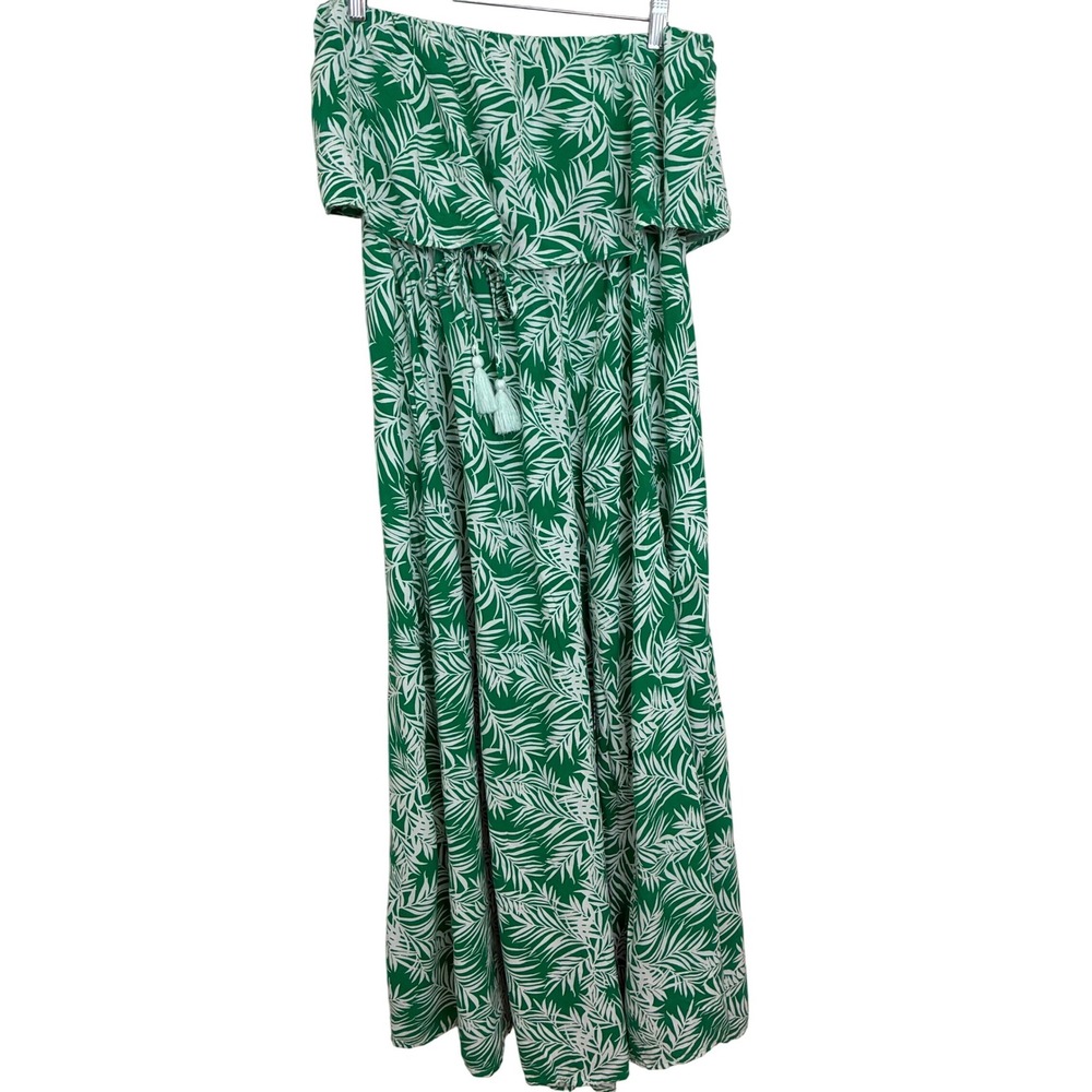 Palm Print Maxi Dress Womens Medium Green Strapless Ruffle‎ Boho Tropical Joppa